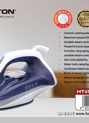 Hamilton steam iron with specifications on a white background