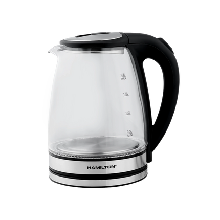 Glass electric kettle with black handle and stainless steel base, Hamilton brand, 1.8L capacity