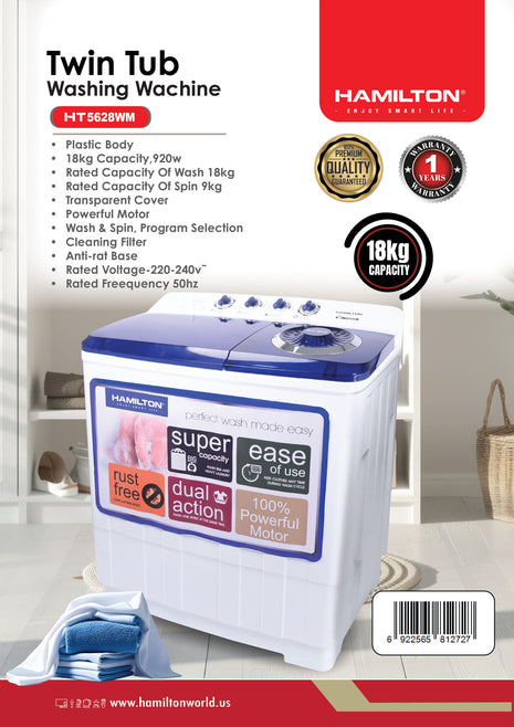 Hamilton Washing Machine Twin Tub 18KG HT5628WM | Al Shabib Qatar - Hamilton Qatar | Al Shabib