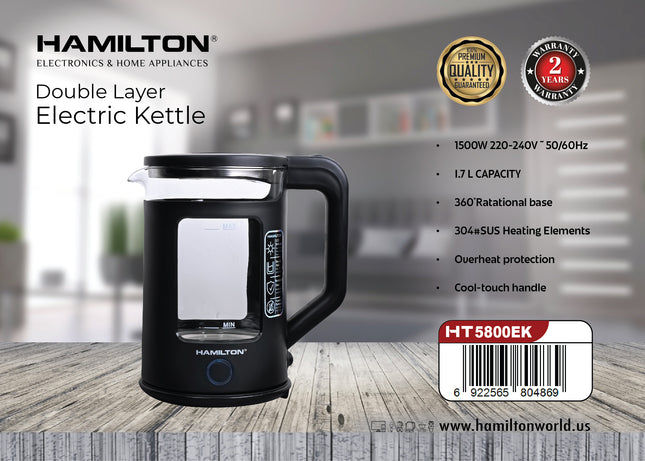 Hamilton Double Layer Electric Kettle 1.7L 1500W 304 SS HT5800EK | Al Shabib Qatar
