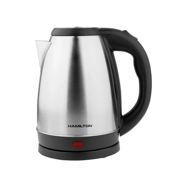 Stainless steel electric kettle with black handle and base on white background.