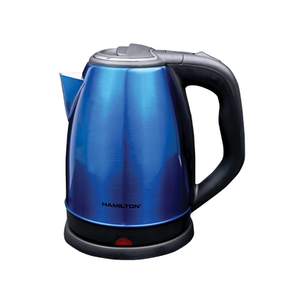 Blue electric kettle with black handle and spout, stainless steel finish, isolated on black