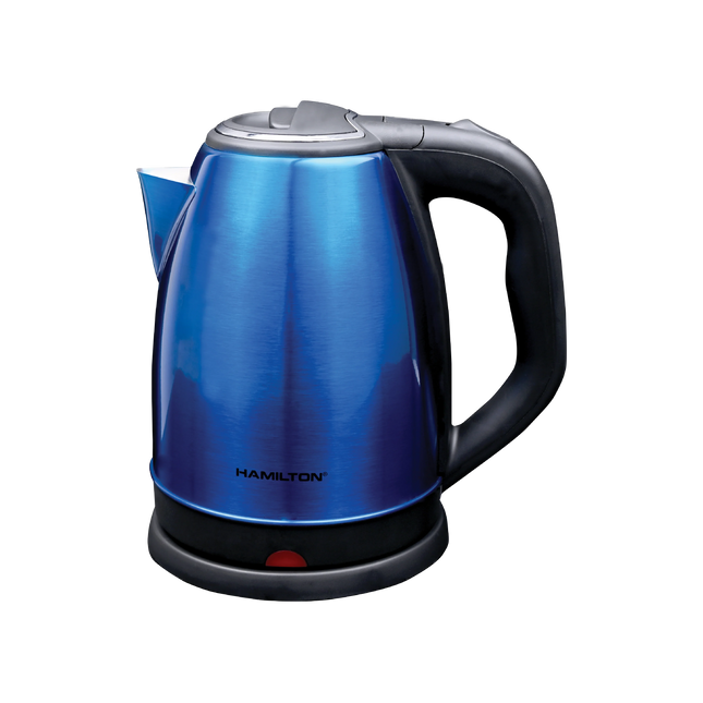 Blue electric kettle with black handle and spout, stainless steel finish, isolated on black