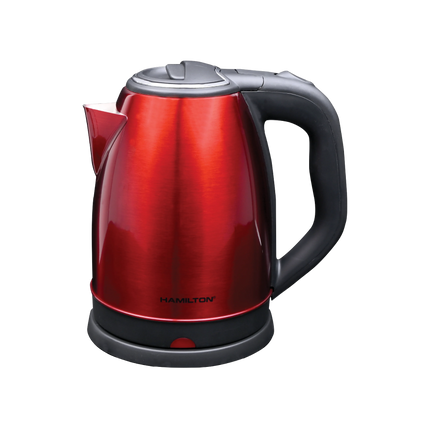 Red electric kettle with black handle and metallic finish, modern kitchen appliance