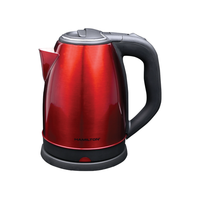 Red electric kettle with black handle and metallic finish, modern kitchen appliance
