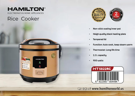 Hamilton Rice Cooker 2.2L 900W Non-Stick HT5822RC | Al Shabib Qatar