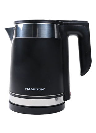 Black electric kettle with silver accents and handle, on a white background