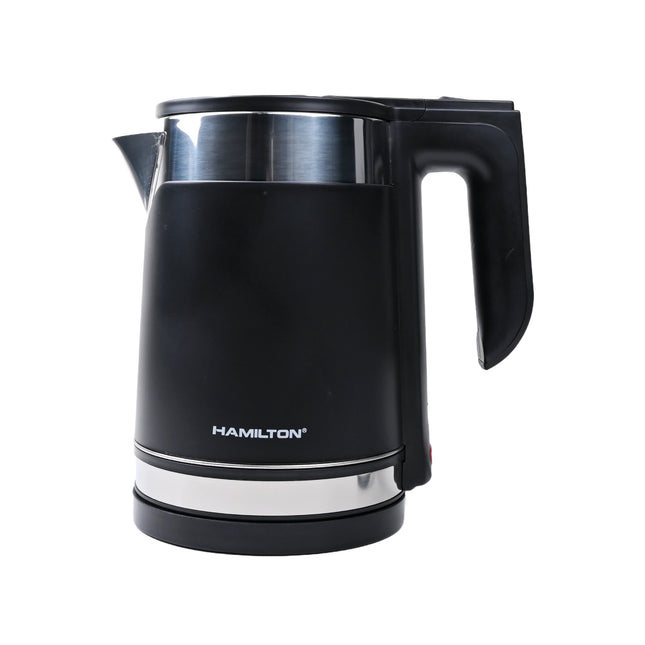 Black electric kettle with silver accents and handle, on a white background