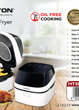Hamilton Digital Air Fryer with food items on a wooden surface, kitchen background