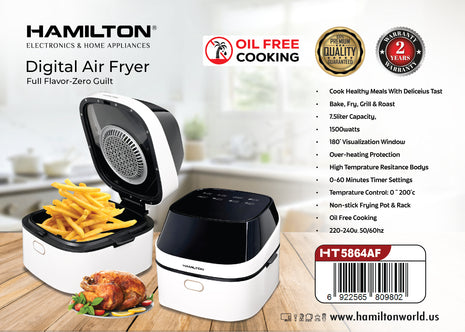 Hamilton Digital Air Fryer with food items on a wooden surface, kitchen background