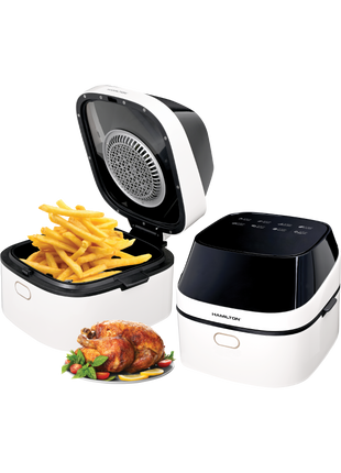 Hamilton Black and white air fryer with food items on a white background