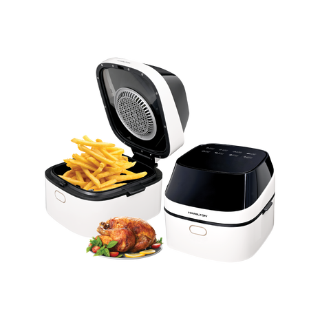 Hamilton Black and white air fryer with food items on a white background