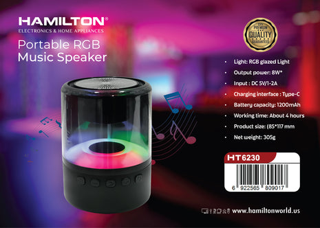 مكبر صوت موسيقى هاميلتون محمول RGB بقوة 8 واط بمنفذ تايب سي HT6230 | الشبيب قطر