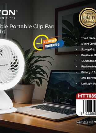 Hamilton rechargeable portable clip fan with LED light on a desk with laptop and plants