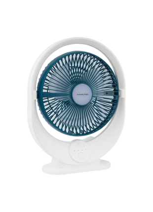 Portable fan with white frame and blue blades on a white background