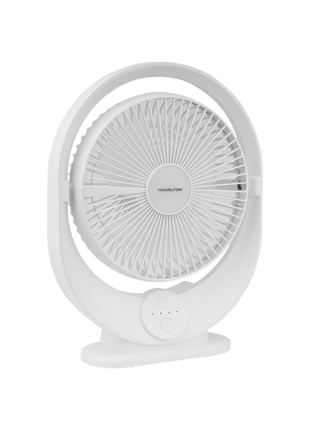White desk fan with 'Hamilton Beach' branding on a white background
