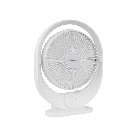White desk fan with 'Hamilton Beach' branding on a white background