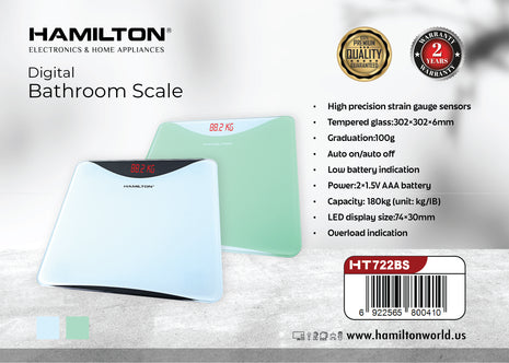 Hamilton Digital Bathroom Scale 180kg Tempered Glass HT722BS | Al Shabib Qatar