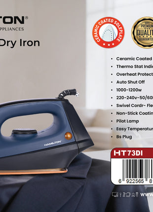 Hamilton automatic dry iron with packaging details on a white background