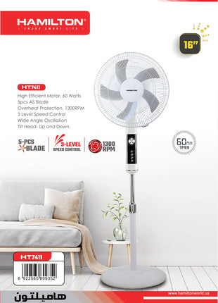 Hamilton Stand Fan 16 Inch 60W 3-Speed Timer HT7411
