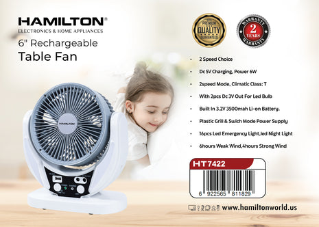 Hamilton Rechargeable 6" Table Fan HT7422