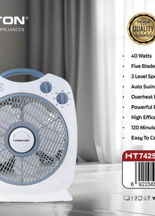 Hamilton 10-inch box fan with product details on a white background
