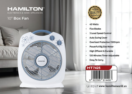 Hamilton 10-inch box fan with product details on a white background