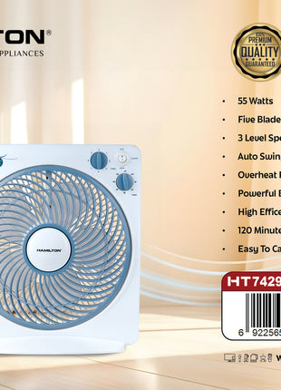 Hamilton 12-inch box fan packaging with product details on a neutral background