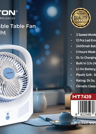 Hamilton 8" Rechargeable Table Fan with LED Light 6W HT7439 | Al Shabib Qatar