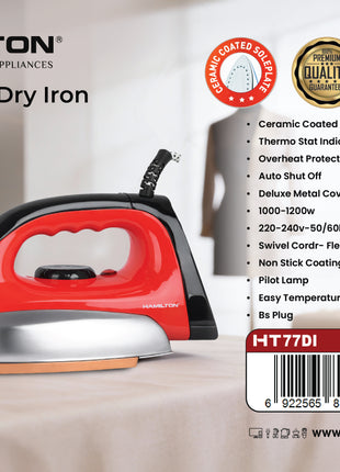Hamilton automatic dry iron with features listed on a white background