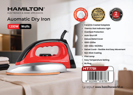 Hamilton automatic dry iron with features listed on a white background