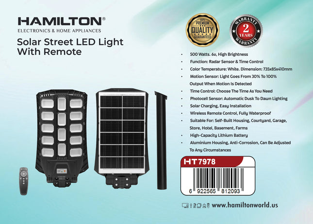 Hamilton Solar Street LED Light 500W Radar Sensor Remote Control HT7978 | Al Shabib Qatar