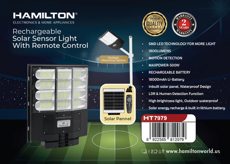 Hamilton Rechargeable Solar Sensor Light 1800LM with Remote Control HT7979