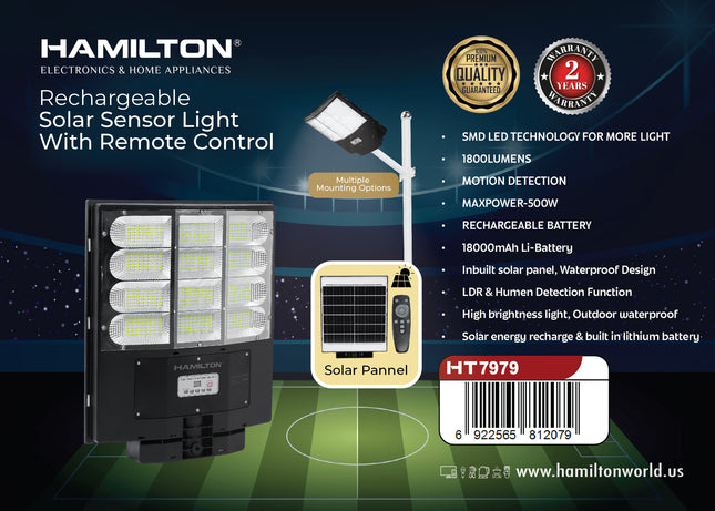 Hamilton Rechargeable Solar Sensor Light 1800 Lumens 18000mAh Remote HT7979 | Al Shabib Qatar
