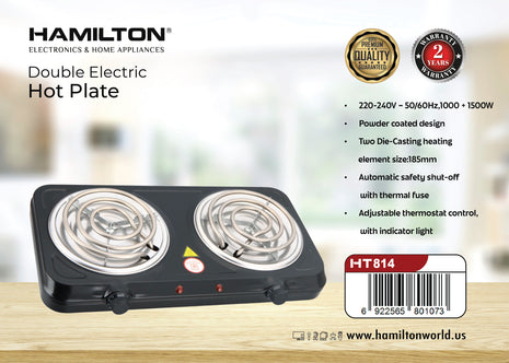 Hamilton Electric Hot Plate Double 1000W+1500W Dual Element Thermostat HT814 | الشبيب قطر