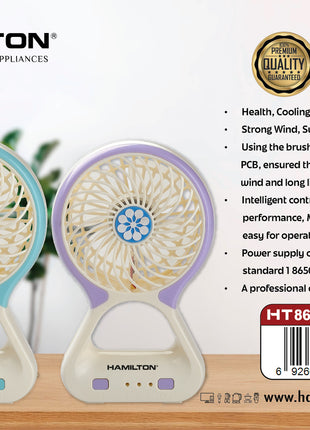 Hamilton portable USB mini fan packaging with product and features listed.