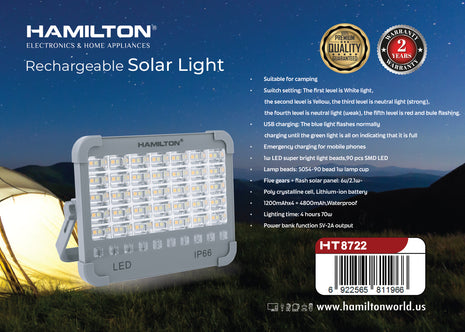 Hamilton Rechargeable Solar Light 90 SMD LED with Power Bank & 5 Modes HT8722
