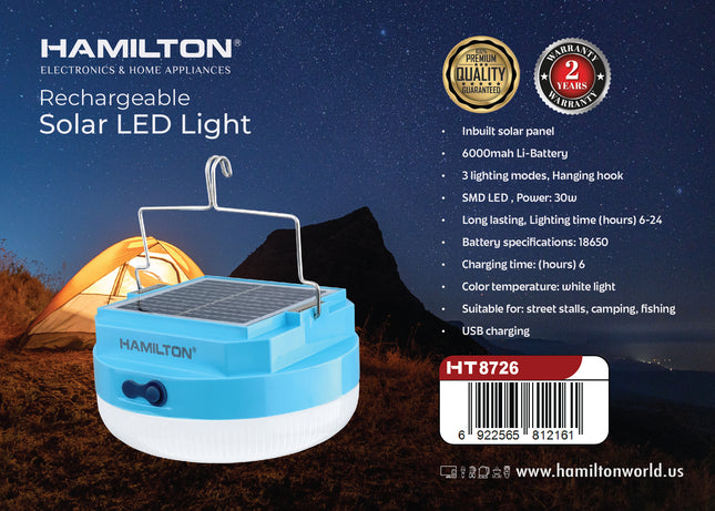 Hamilton Rechargeable Solar LED Light 38W 6000mAh 3 Modes HT8726 | Al Shabib Qatar