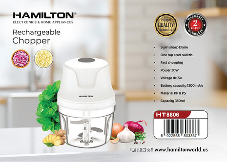 Hamilton Rechargeable Food Chopper 350ml USB with Swirl Blade HT8806