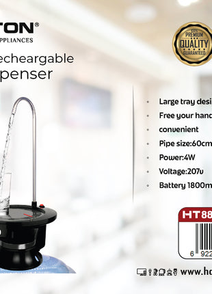 Hamilton self-serve rechargeable water dispenser with product details on a blurred background