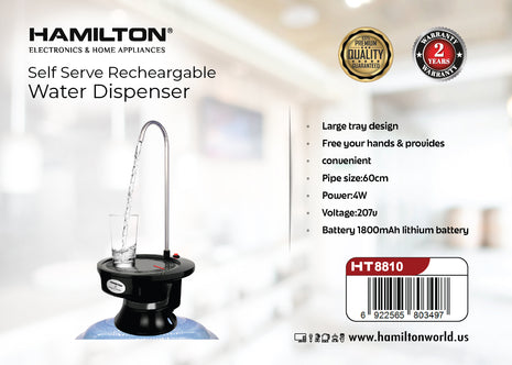 Hamilton self-serve rechargeable water dispenser with product details on a blurred background