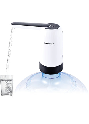 Hamilton Beach water dispenser pouring water into a glass on a white background