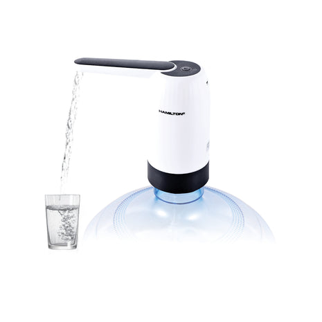 Hamilton Beach water dispenser pouring water into a glass on a white background