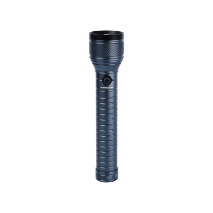 Black handheld aluminum flashlight with textured grip, side button and HAMILTON label