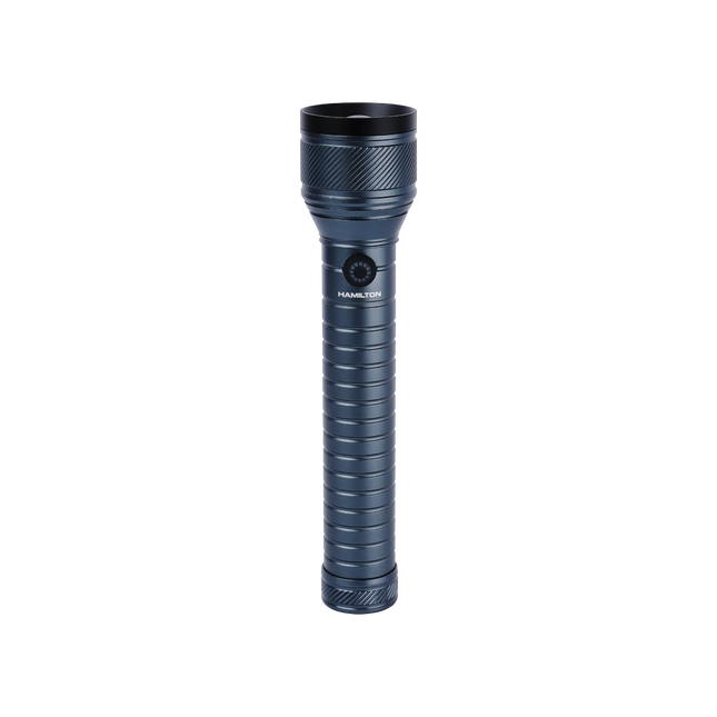 Black handheld aluminum flashlight with textured grip, side button and HAMILTON label