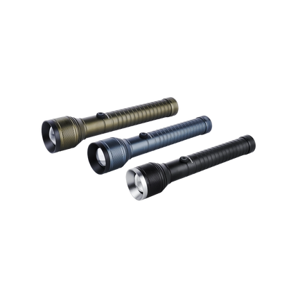 Three colored LED flashlights with textured grips on a black background, electronics category