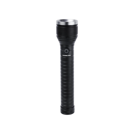 Black Hamilton rechargeable flashlight with textured grip and metallic head on white background