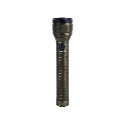 Black and gold metallic handheld flashlight with textured grip, isolated on white background.