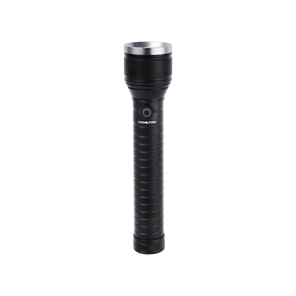 Black metal LED flashlight with textured grip and silver rim, isolated on white background