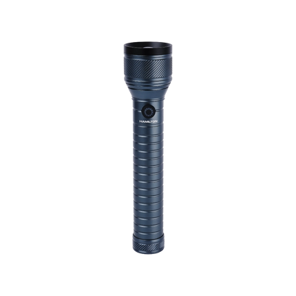 Metallic black Hamilton LED flashlight with textured grip and circular button, isolated on white background